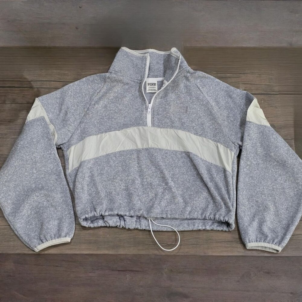 PINK Victoria’s Secret ✦ Heathered Gray Zip Pullover ✦ White Stripe Drawstring - Picture 2 of 10
